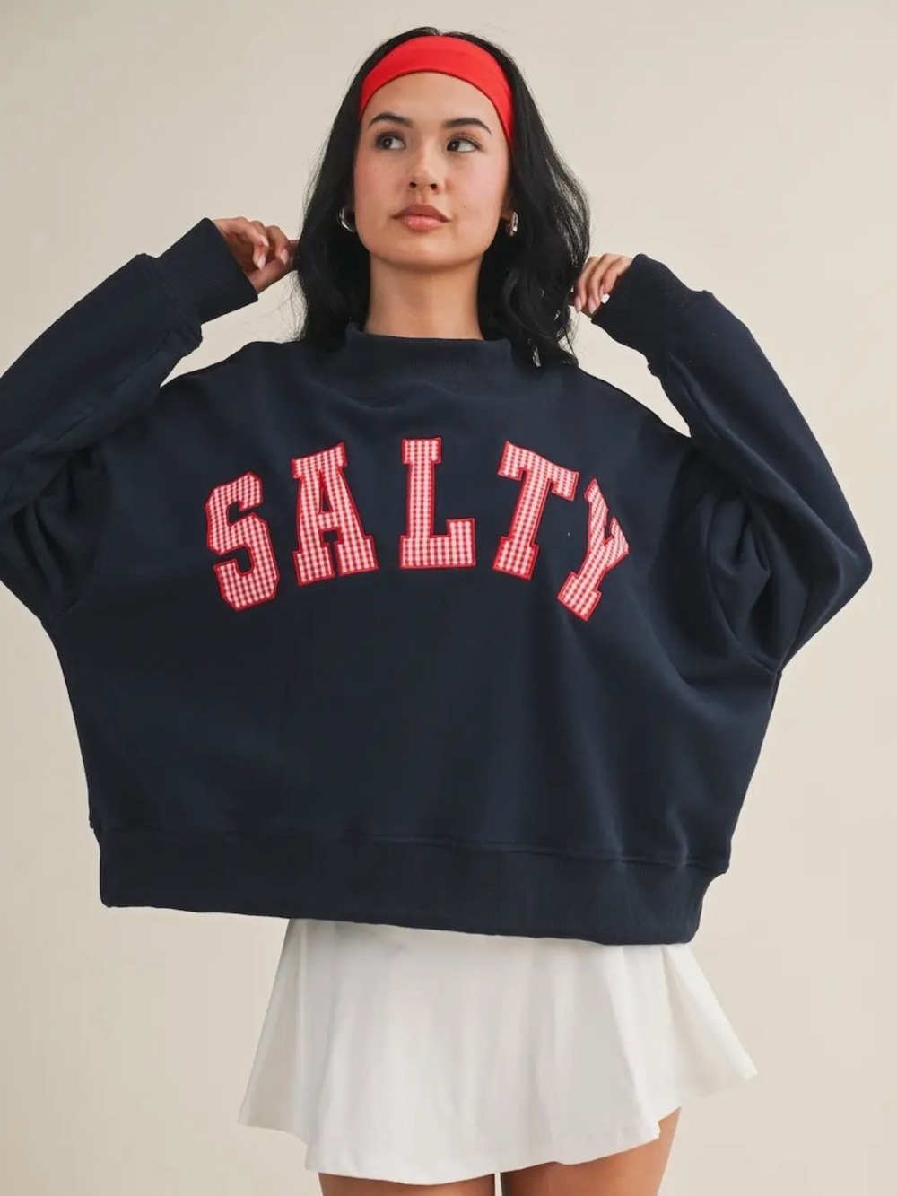 These three boutique salty mockneck red gingham navy sweater nwt